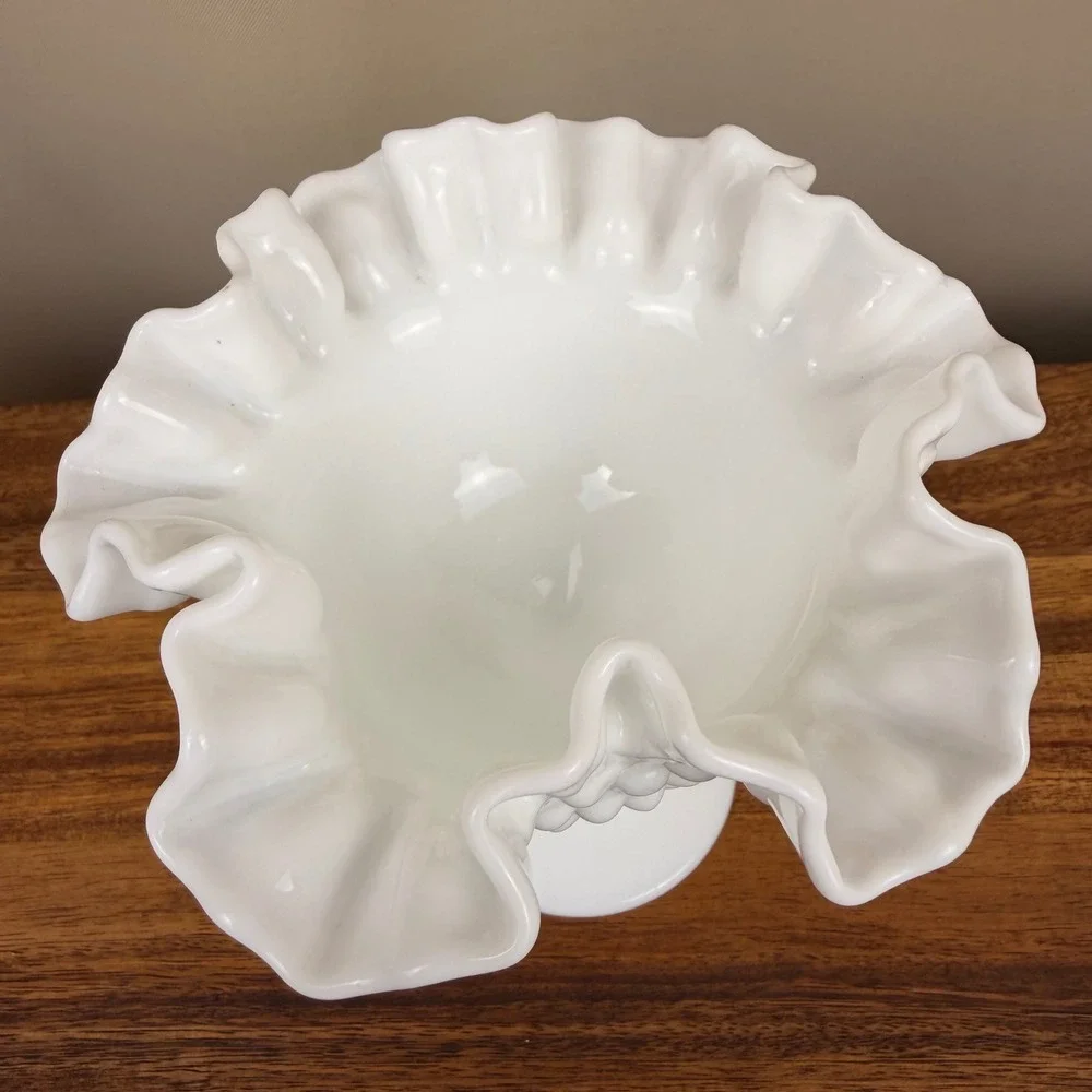 Fenton Milk Glass Hobnail Compote Ruffled Edge Pedestal Bowl Vintage Art Glass